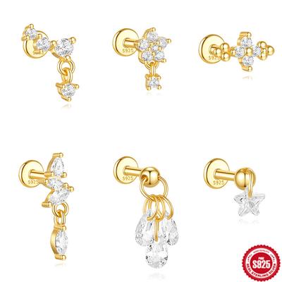 S925 Sterling Silver Daily Wear Lotus Diamond Cartilage Spiral Puncture Stud Earrings 16G Earbone Stud