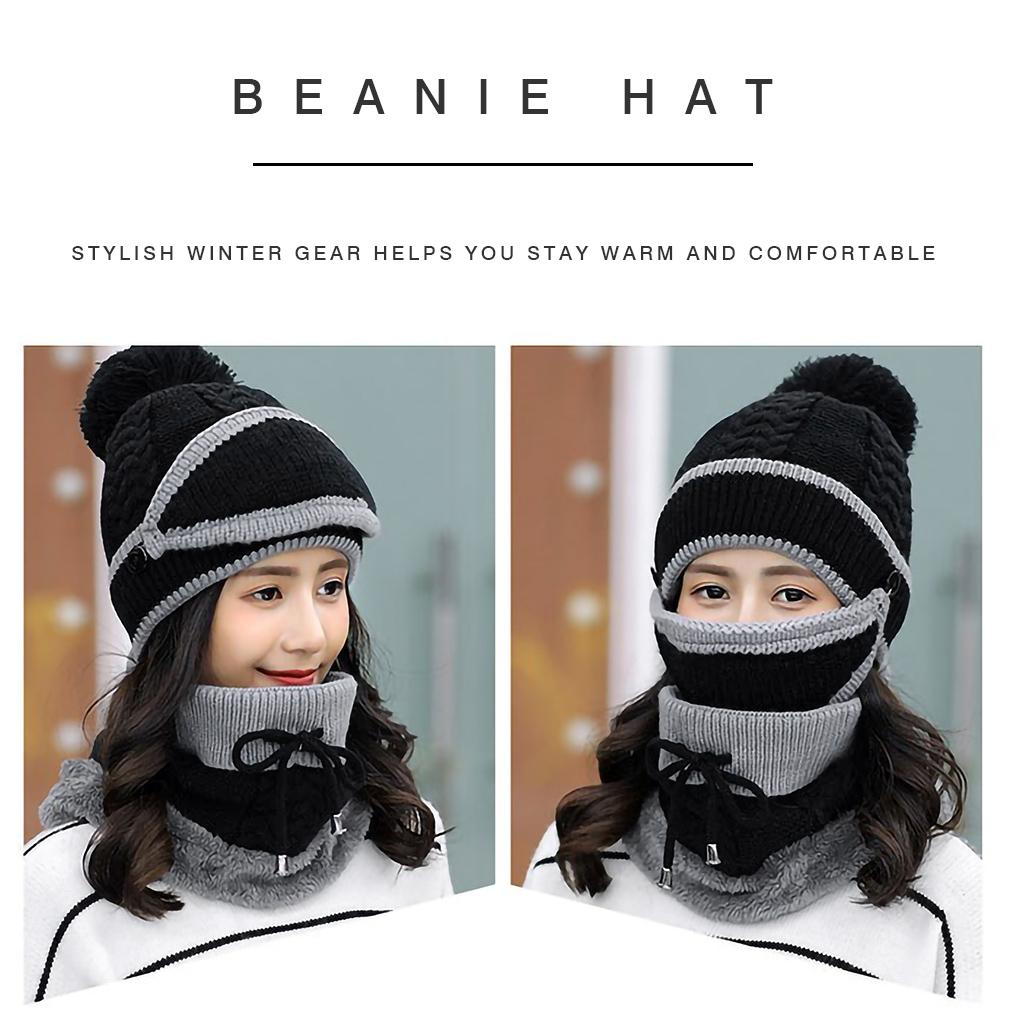 3PCS Women Beanie Hat Pom Bobble Scarf Set Knitted Winter Warm Snow Ski Cap Gift
