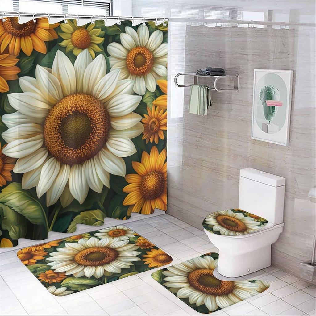 Bathroom Curtain And Rug Set, Sunflower Pattern Printed On Shower Curtain And Bath Mat Set, Designed For Farmhouse Contemporary