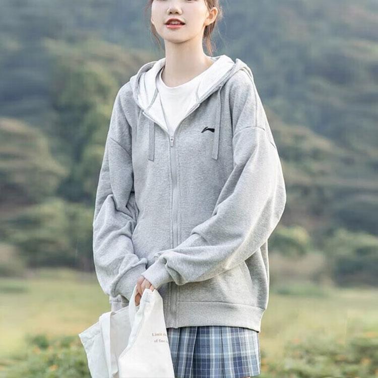 Li-Ning Plain Logo Loose Fit Zip-Up Hoodie Unisex hoodies Light-Gray YWDT227-2