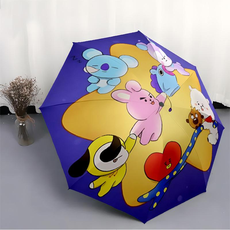 1PC BT21 Characters Automatic Open/Close Umbrella, 8-Rib Sturdy Frame, Lightweight Portable Umbrella, Commute, Business - Ideal Gift for Friend, Vibra