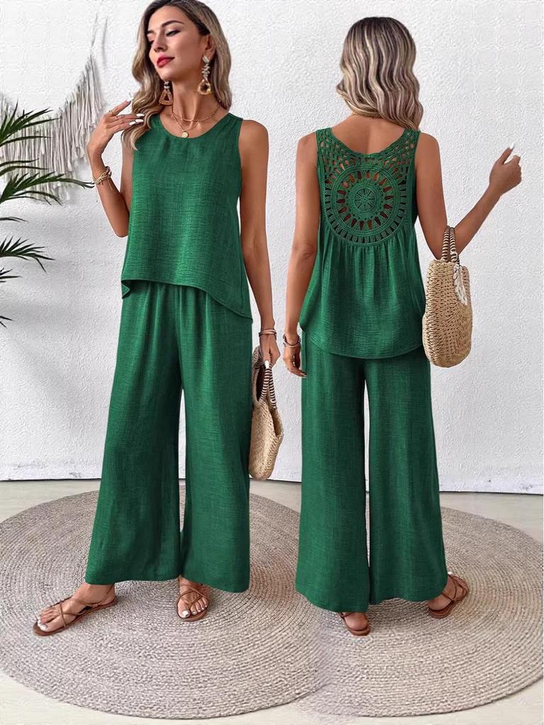 2026 Summer Sleeveless Solid Color Lace Back Women's Casual Set