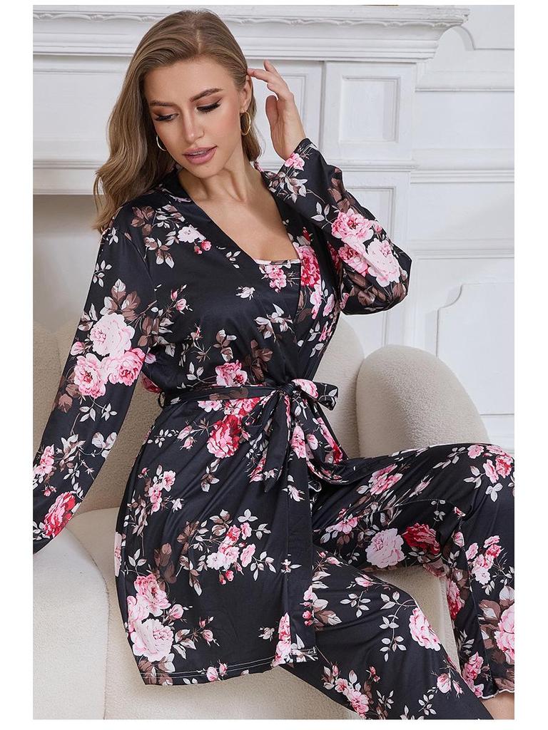 Three-Piece Pajama Set: Robe, Long Pants & Camisole In European & American Sizes