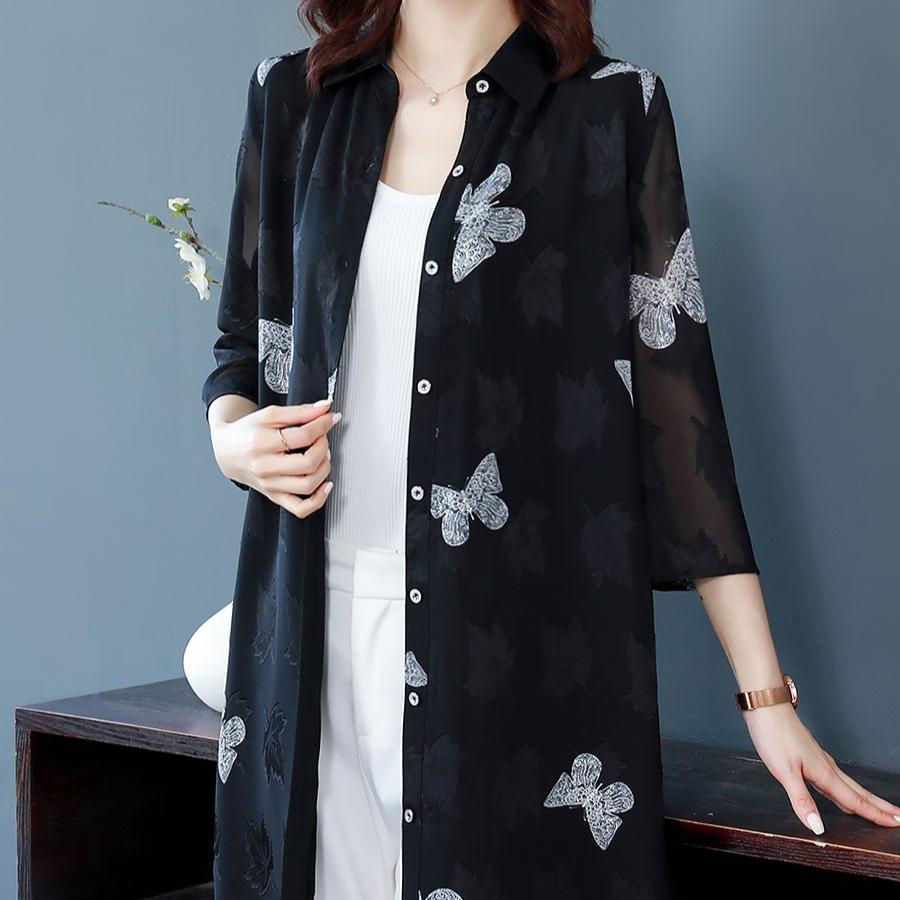 Longshirt Damen Schmetterling Print Chiffon Top Übergröße Lockeres T-Shirt Freizeithemd Sommer Sonnenschutz Kleidung