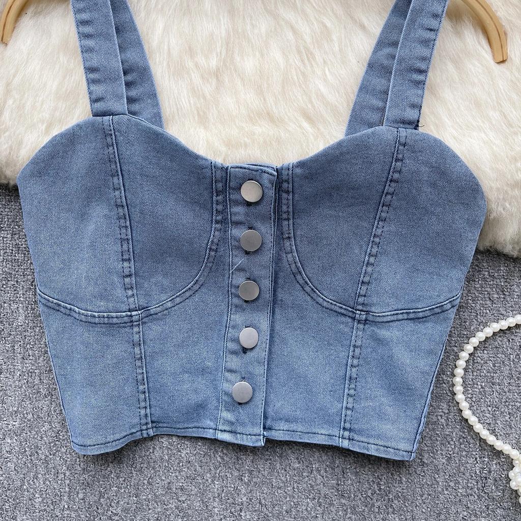 Hongkongský styl Retro Džínový top Dámský Design Jednořadé Slim fit Krátký Pupík Sexy Gyaru Sle Cami Móda