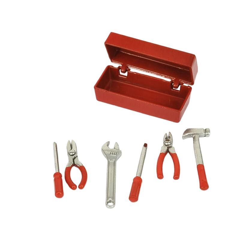 1Set Dollhouse Miniature Toolbox (Tool Case+6 Tools) Simulation Handmade Tools Kits Miniature Figure House Scene Decor Playthings Accessories