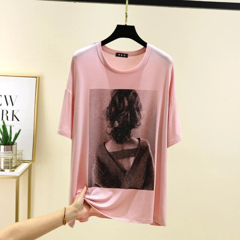 T-shirt Women Versatile Summer Casual Large Size Loose Round Neck Pullover Short-sleeved Tops