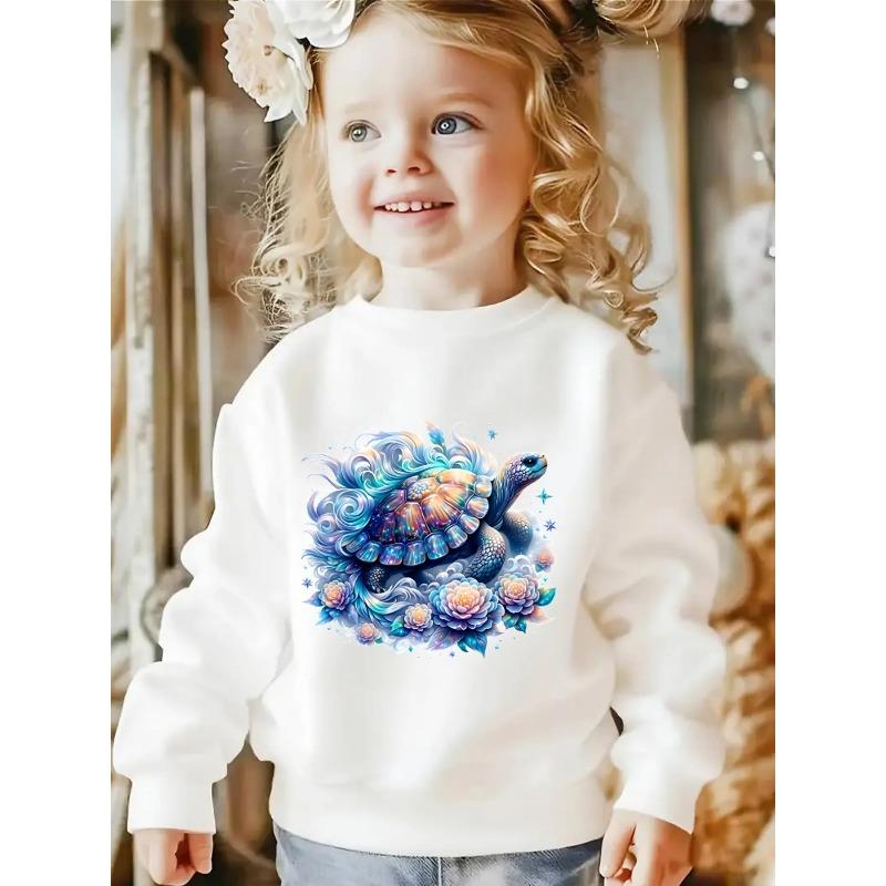 Kids Unisex Crewneck Sweatshirt, Magical Iridescent Sea Turtle With Blue Waves Peony Flowers And Stars Fantasy Soft Pullover For Kids Over 4 Years Old