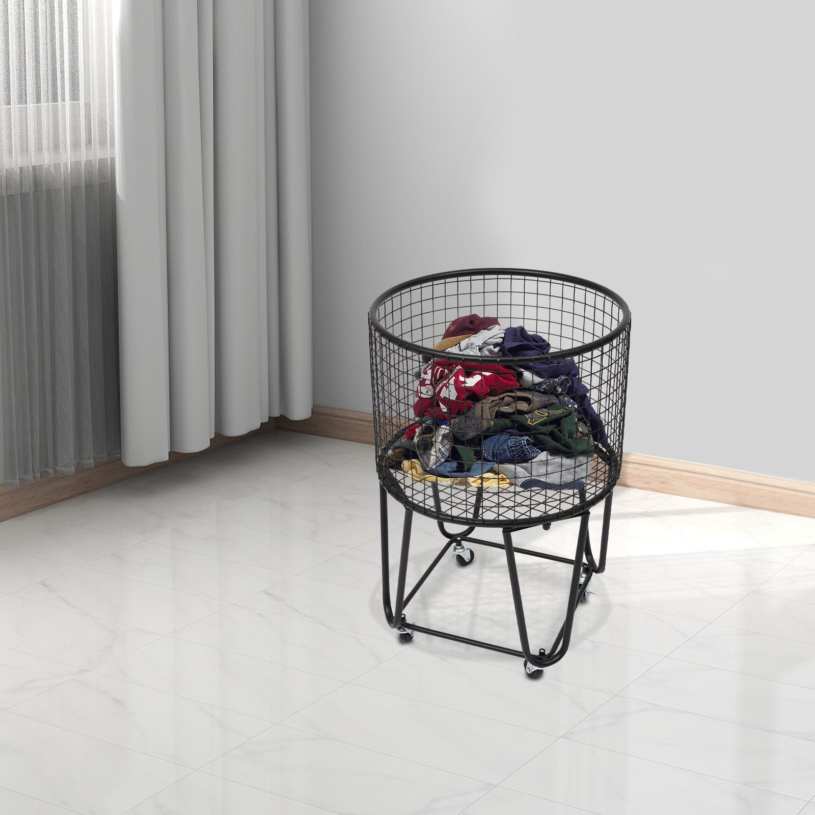 

Round Metal Steel Mesh Laundry Storage Cart,Black Laundry Basket with 4 Wheels Tube 10mm Free Standing 43*30cm for Laundry Rooms чёрный