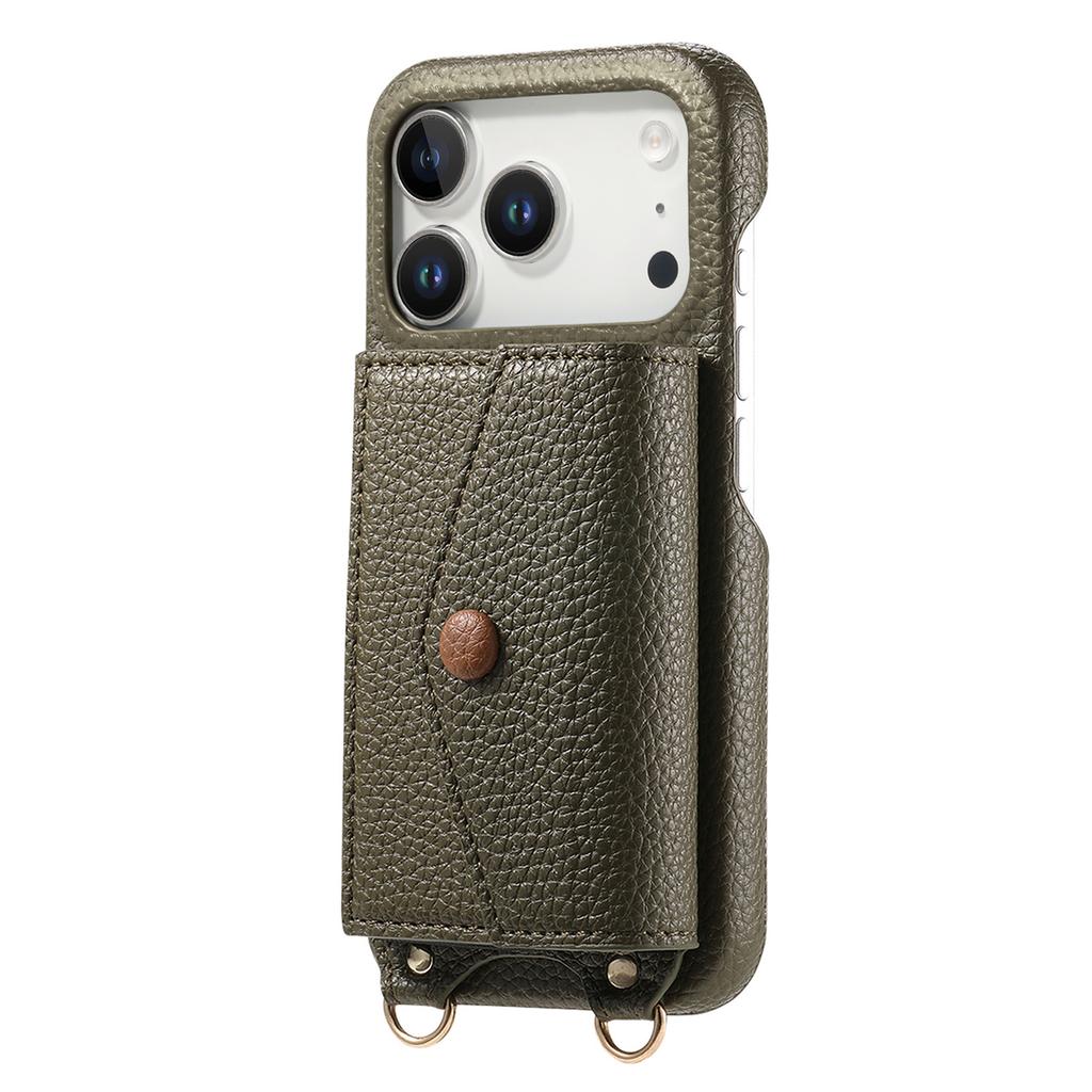 For iPhone 17 Pro Case Card Holder Kickstand PU Leather + PC Phone Cover with Mirror and Crossbody Lanyard