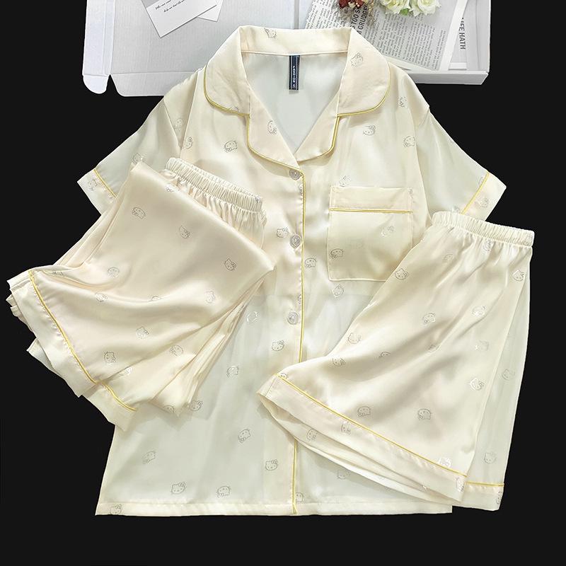 Women's Ice Silk Pajama Set: Built-in Bra, Silver Cinnamon Dog & Cat Top, Shorts & Long Pants