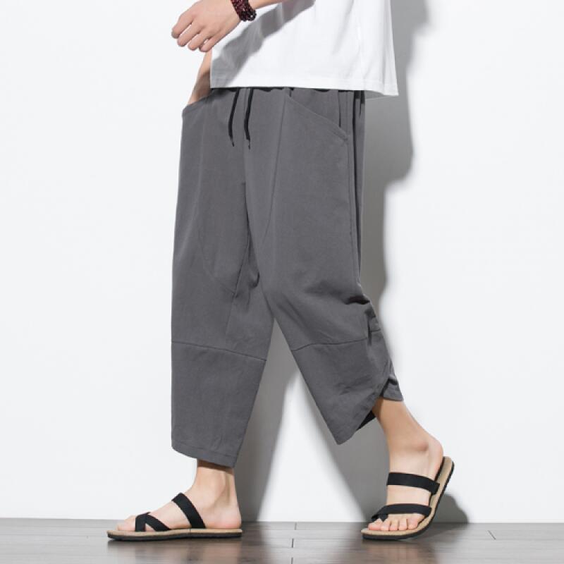 Summer Men Chinese Style Cotton Linen Harem Pants Men Streetwear Breathable Beach Pants Male Casual Calf-Lenght Trousers