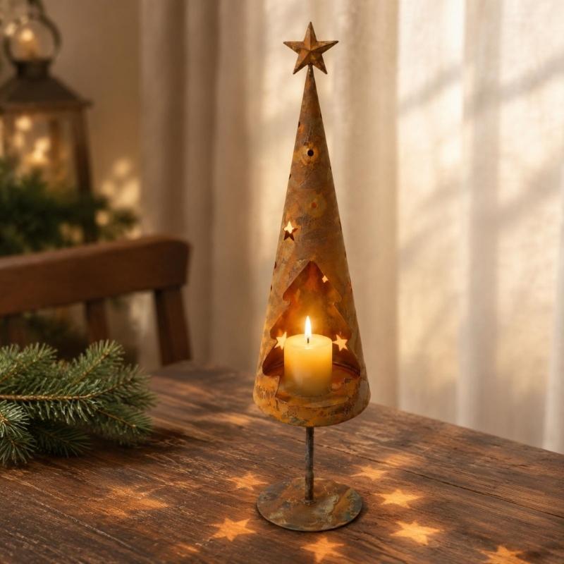 Rust Design Iron Candle Display in a Christmas Tree Shape with Star Detail and Aged Finish for Holiday Dinners and Living Room