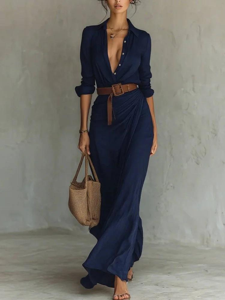 Khaki Shirt Style Long Dress with Deep V Neck and Side Draping