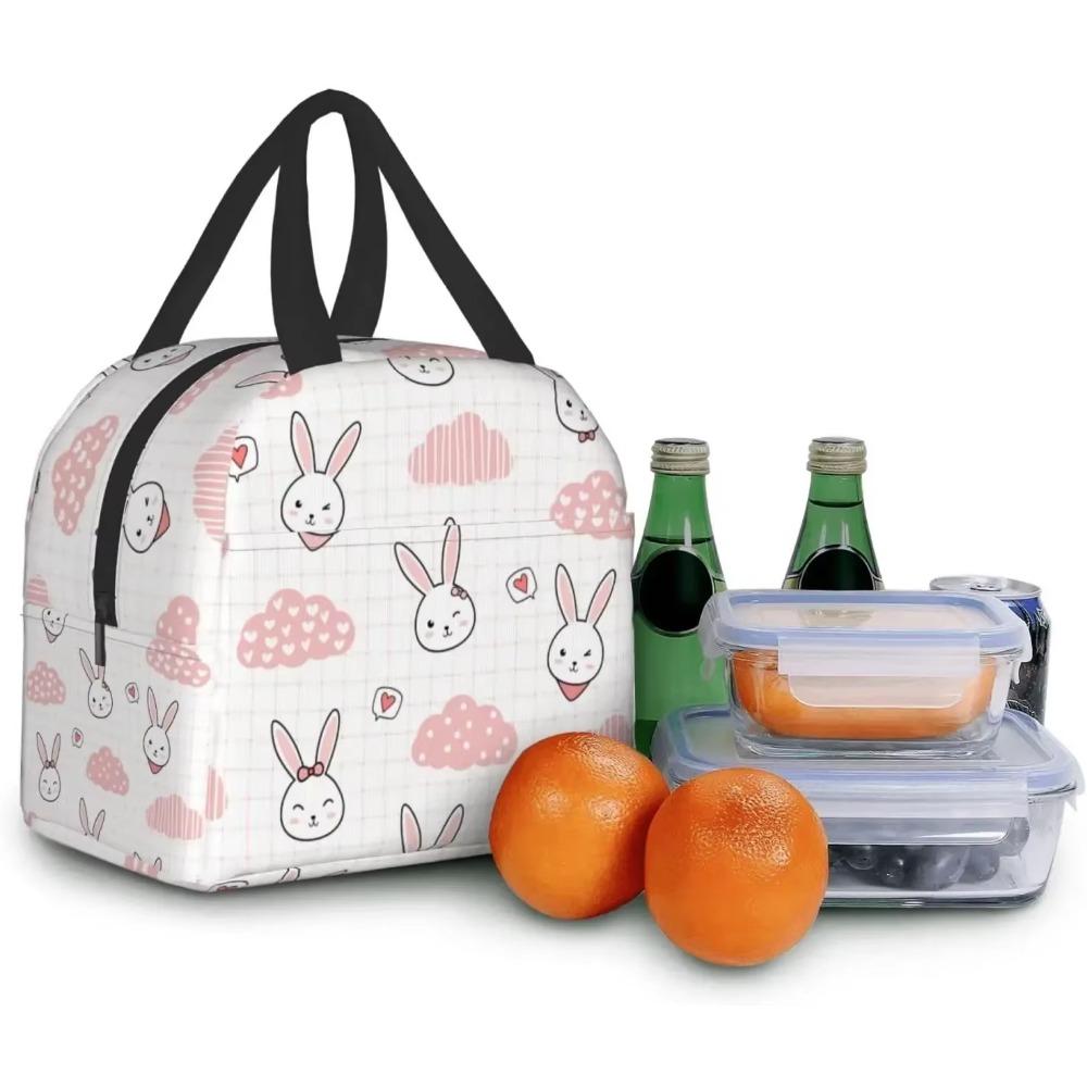 Cute Rabbit Bunny On Pink Grid Lunch Bag Travel Box Work Bento Cooler Reusable Tote Picnic Boxes Insulated Container Lunch Bags