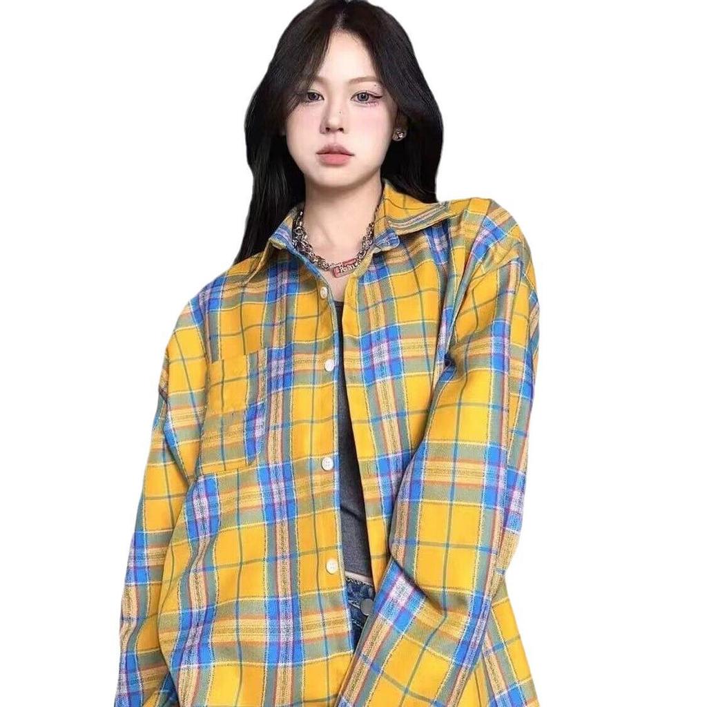 Women's Petite Yellow Plaid Long-Sleeve Shirt Jacket - American Style, Loose Fit for Spring & Autumn