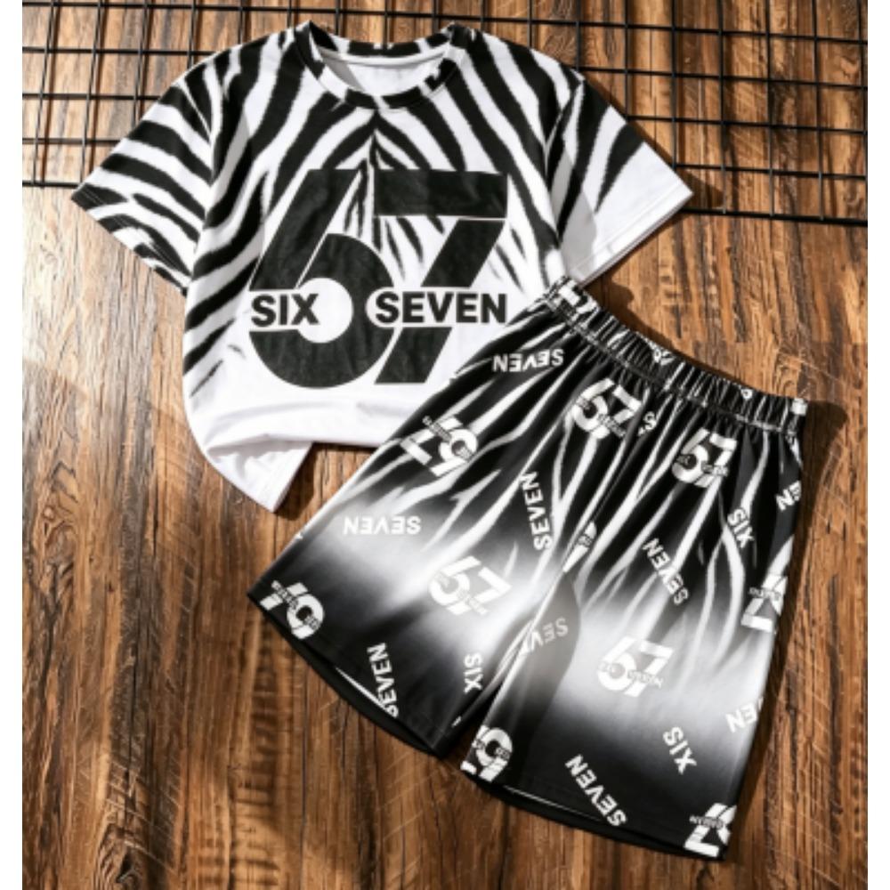Kids Set Zebra Stripe 67 Number Printed Kids T-shirt and Shorts 2 Piece Set Summer Street Casual Outdoor Boy's and Girl's T-shirt Sets