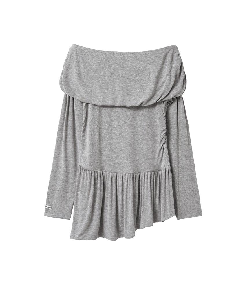 Lense Shirring Off-Shoulder Tee Melange Gray
