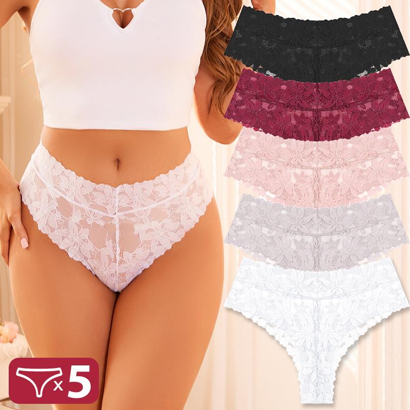 FINETOO 5 Bucăți Tanga Sexy din Dantelă Femei Chiloți cu Talie Joasă Sexy Moi Lenjerie Intimă Doamne Chiloți Florali Trendy Lenjerie Intimă Femei
