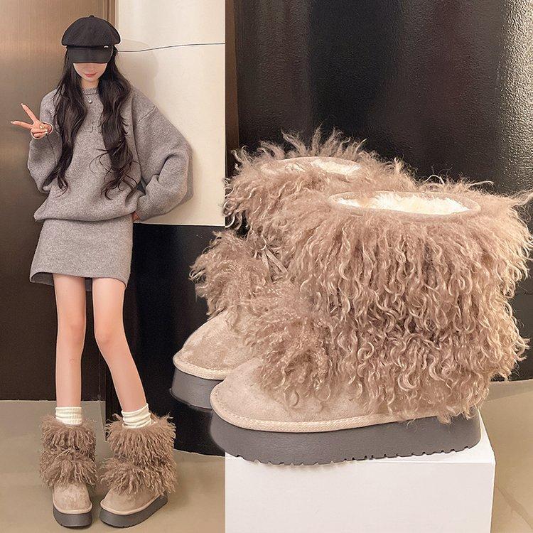 Very warm fluffy snow boots winter 2025 new piled thickened outdoor cotton shoes big head platform shoes