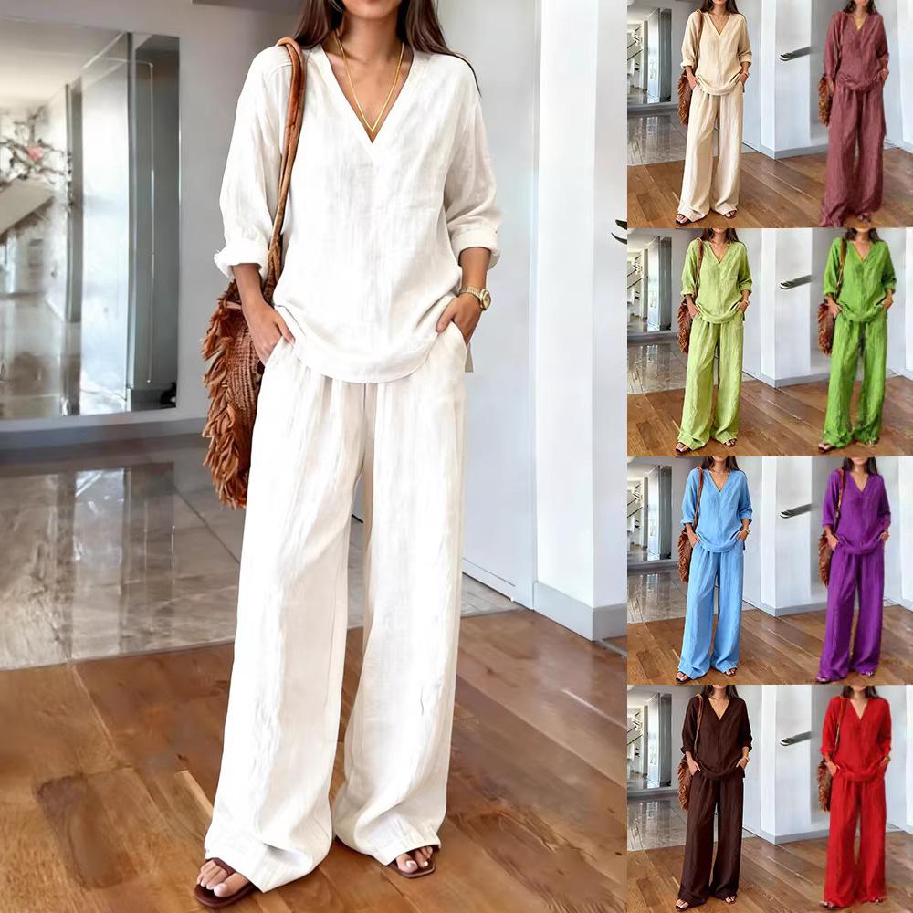 2026 new foreign trade cross-border new women's clothing, casual V-neck pullover, long sleeves and trousers, washed cotton multi-color women's clothin