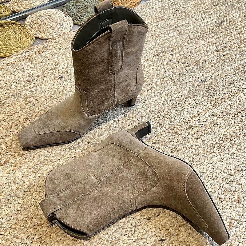 Korean version of niche suede face square head middle heel thin boots women's 2025 autumn and winter velvet western cowboy boots short boots