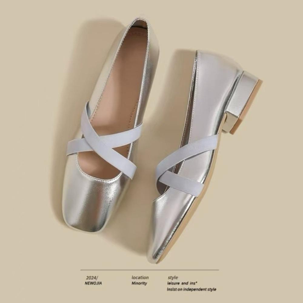 Fashion Silver Single Shoes Women's 2025 Spring New French Square Head Low Heel Retro Ballet Light Mouth Mary Jane Shoes for Women Pumps