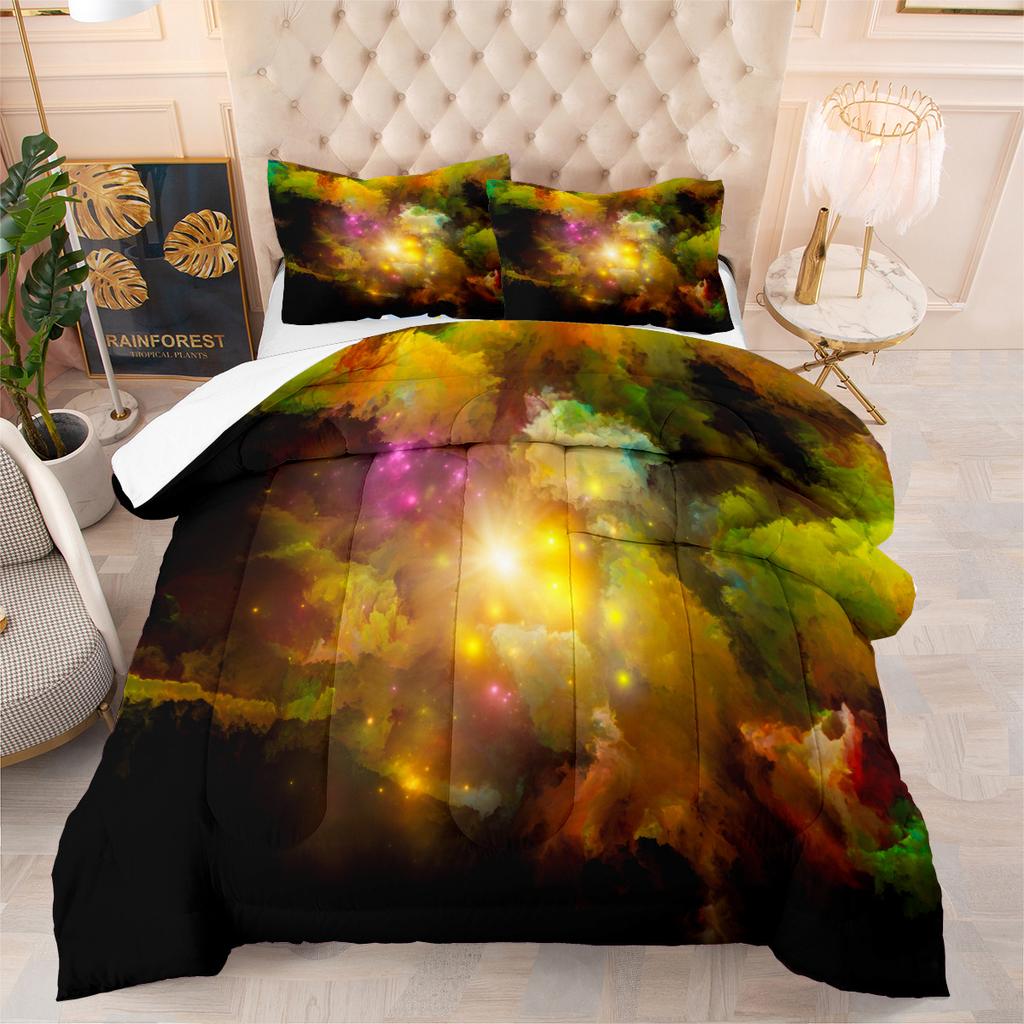 Constellation Starry Sky Universe Planet 3d Digital Printing Feather Silk Quilt Fat Quilt Cover Three-piece Set