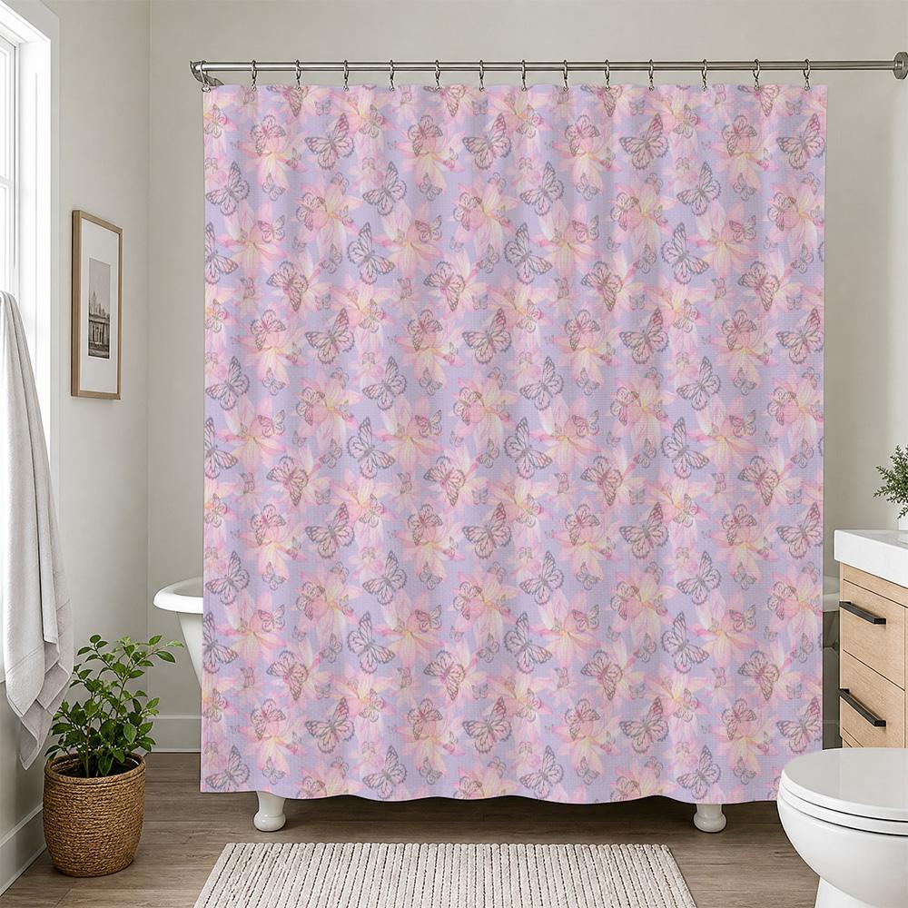 High Quality Waterproof Butterfly Shower Curtain Pink Pastel Floral Bathroom Decor Home Accent Curtain Liner Waterproof Hanging