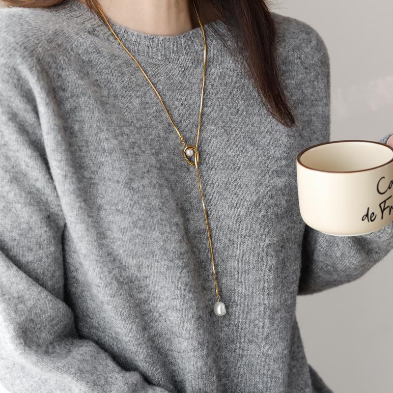 Stainless Steel Pull-out Adjustable Chain Baroque Pearl Pendant Long Necklace for Womens Fashion Sweater Chain New Jewelry