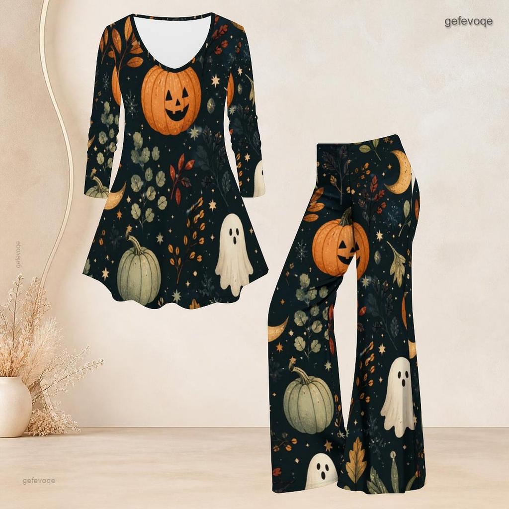 Women Plus Size Halloween Dachshund Printed V Neck Three Quarter Sleeve Flared Top Flared Pants Two Piece Set