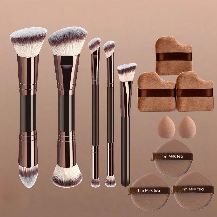 Dual-Head Makeup Brush Set: Foundation, Blush, Loose Powder Brushes In Coffee Color.
