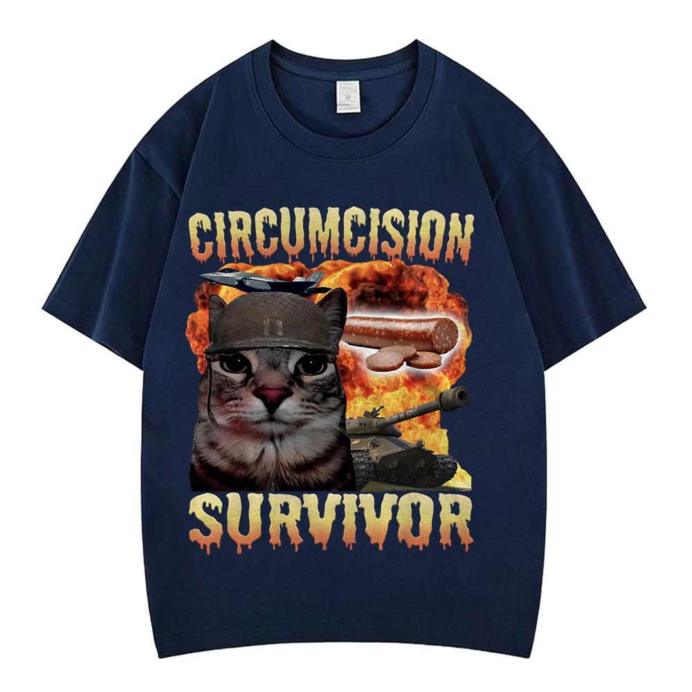 T-shirts Unisexe Vintage Amusants pour Chat Survivant de la Circoncision T-shirts Oversize Décontractés en Coton à Manches Courtes