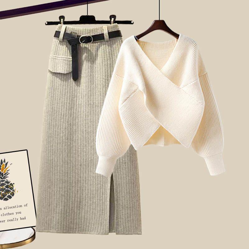 2pcs Women's Knit Skirt Suits Autumn Winter V-Neck Sweater Knit Pencil Skirt Two Piece Set Loose Pullover Sweater  Knit Top  SkirtOutfits