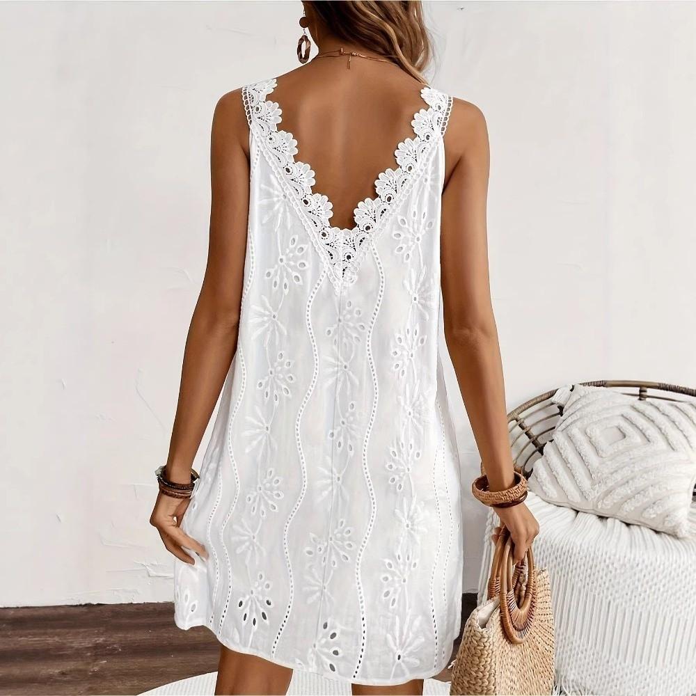 A-line Summer Casual Skirt Embroidery Solid White Dress Fashion V-Neck Lace Dress Spring Summer
