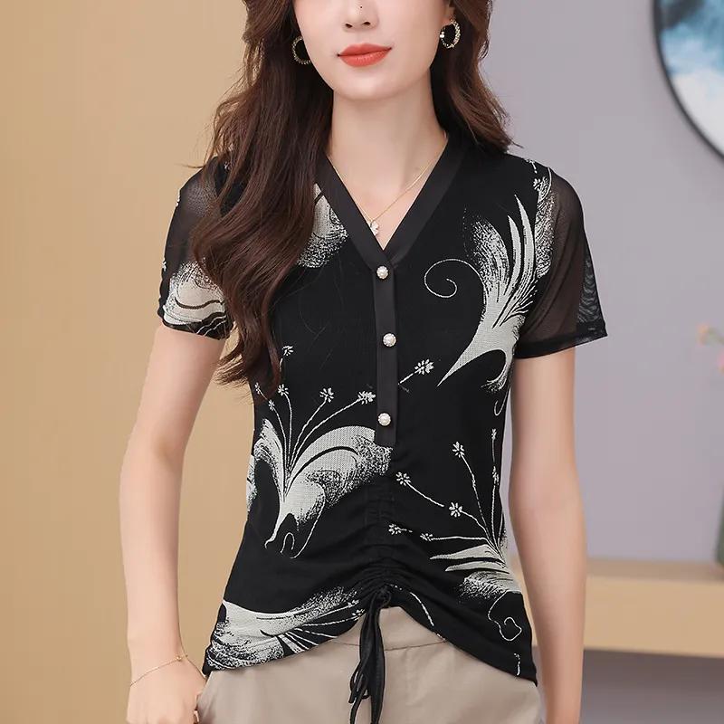 Women s Black Gold Abstract Print Mesh Top V-Neck Short Sleeve Drawstring Casual Blouse L белый