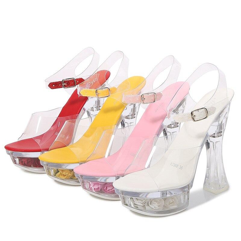 Damensandalen, 14 cm hoher Absatz, sexy transparente Blume, leuchtender Kristall, dicker Absatz, 10365-Serie, 14 cm LFD
