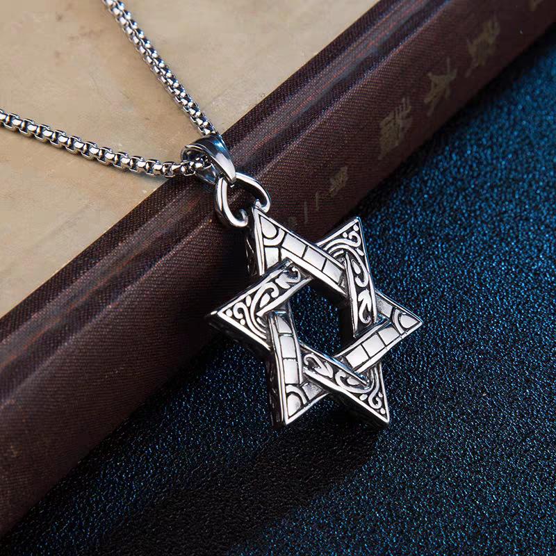Double-sided Hexagram Pendant Male Necklace Student Couple Pendant Personalized Titanium Steel Pendant Sweater Chain Female