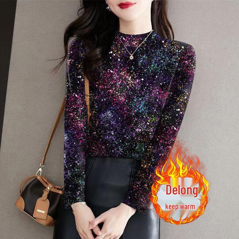 

Women s Floral Print Long Sleeve Ribbed Fleece Turtleneck: Stylish Slimming Autumn/Winter Base Layer Top 4XL [150-170 lbs]