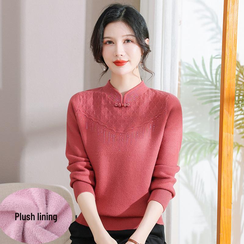 Autumn/Winter Fleece-Lined Knit Base Layer for Middle-Aged & Elderly Women - Half-High Neck, Thickened Fashion Sweater for Mothers