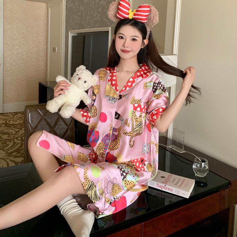 Sweet Leopard Summer Ice Silk Pajamas Women'S Little Love Printed Short Sleeve Homewear Pajamas Dress