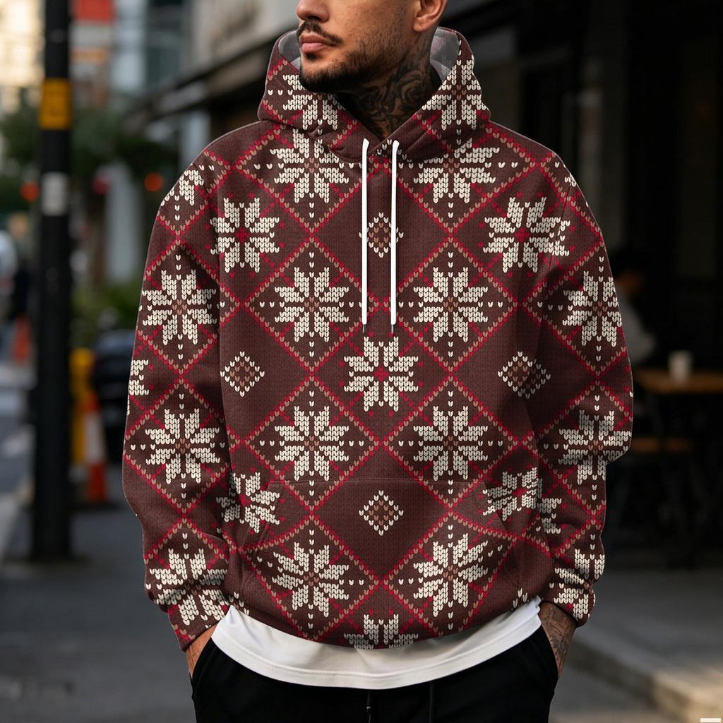 Men's Casual Loose Fit Hooded Sweatshirt with Christmas Print and Large Pockets