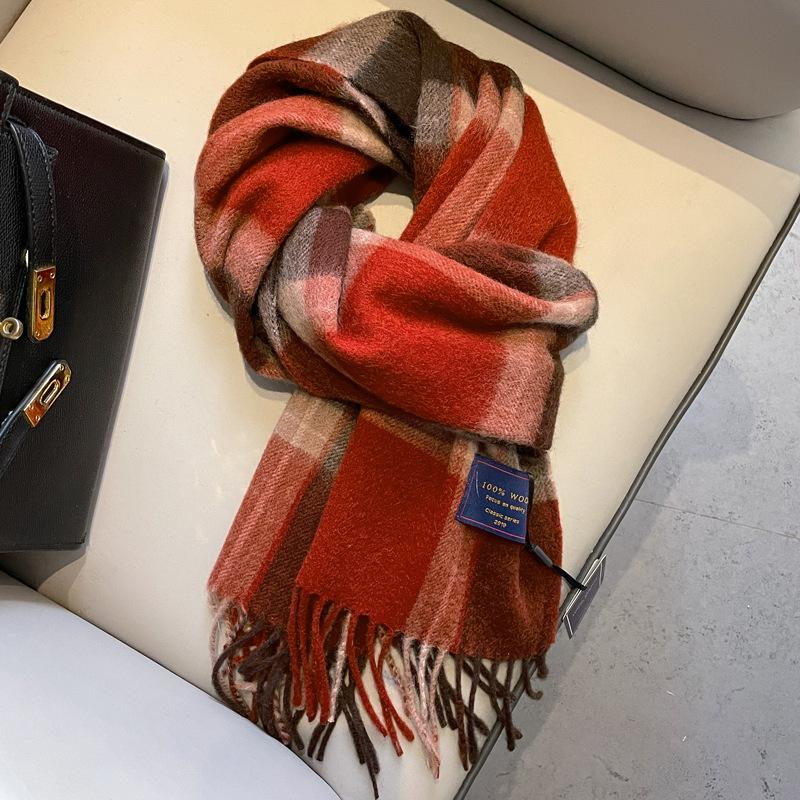 Red plaid 100 pure wool scarf women's winter high-end small plaid scarf