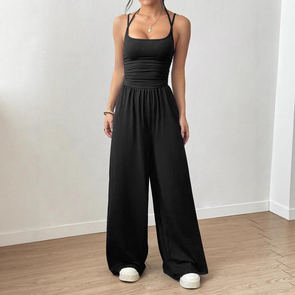 Solid Color Halter Sleeveless High Waist Wide Leg Casual Jumpsuit