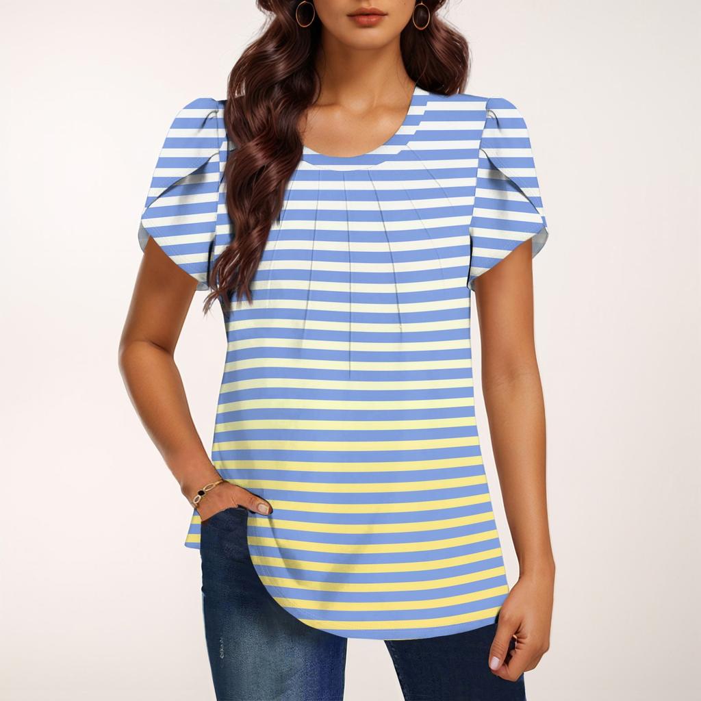 Women's Fashionable Round Neck Short Sleeve Print Casual Basic Pleated Pullover T-shirt Top