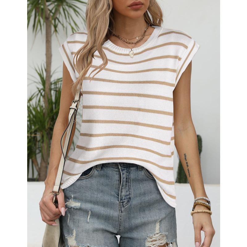 Podzim/zima Dámský pulovr s kulatým výstřihem Pletený Volný Pruhovaný Svetr s krátkým rukávem