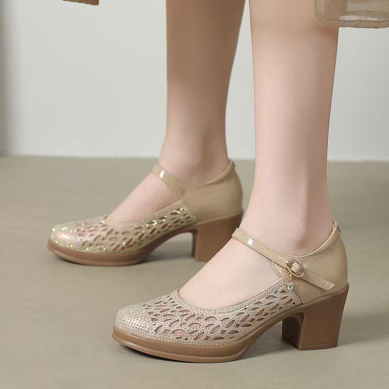 

Rhinestone medium heel single shoes new leather hollow mesh women s shoes hole shoes bag head soft sole breathable single shoes 40 золотой