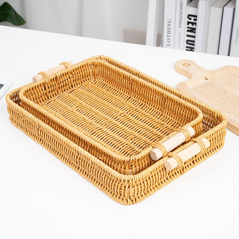 Multi-Use Pp Woven Storage Basket With Wooden Handle Modern Rectangular Shallow Bin For Living Room Bedroom Kitchen Hotel Servic