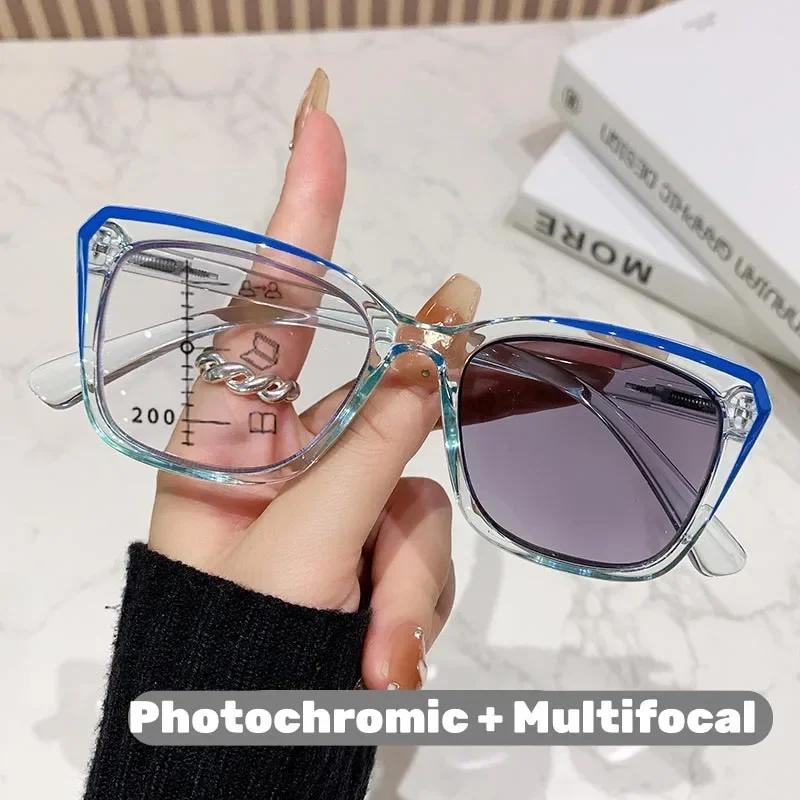 Fashion Square Full-Frame Photochromic Multifocal Reading Glasses Neutral Style High-Definition Blue Light Blocking Glasses +4.0