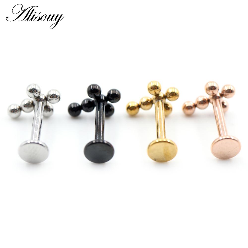 Alisouy 1PC Stainless Steel Cross Ball Threaded Ear Tragus Helix Labret Lip Rings Cartilage Stud Earrings Piercing Body Jewelry